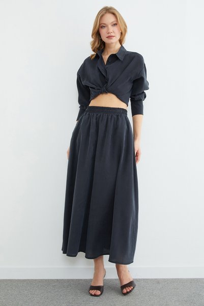 Fulla Moda Beli Lastikli Cepli Maxi Boy Etek