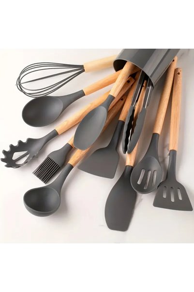 DUTRIEUX 12pcs gray 12pcs Set of Multi-color Silicone Wooden Handle Kitchenwa...