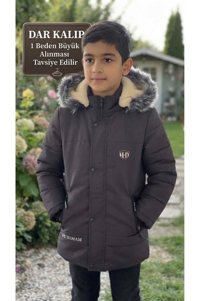 gül garden Erkek Çocuk Kürklü Kapüşonlu İçi Peluşlu Cepli Kışlık Mont & Kaban