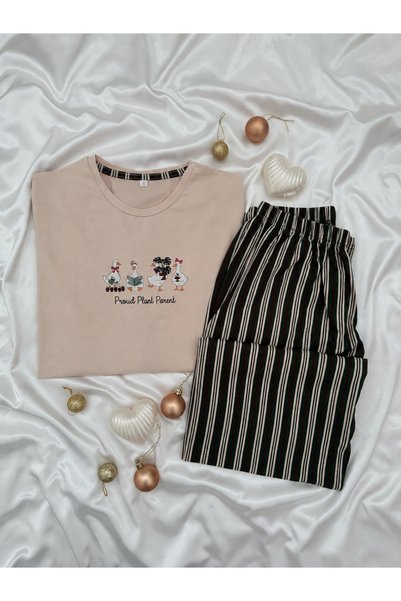 Lena Homewears Beige Duck Patterned Striped 100% Cotton Pajama Set