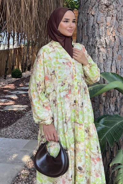 TOZLU Patterned Summer Hijab Dress with Elasticated Sleeves and Front Button ...