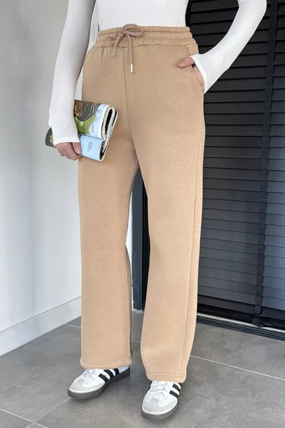 GÜLSELİ Women's lace-up three-thread raised wide leg palazzo bottom tracksuit
