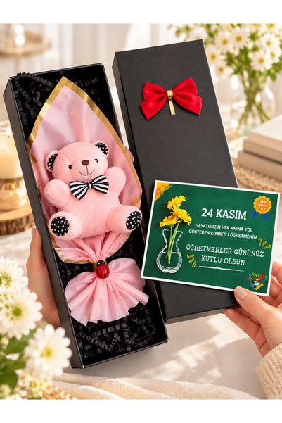 hediye arıları 24 Kasım Öğretmenler Günü Hediyesi Siyah Kutuda Pembe Peluş Ay...