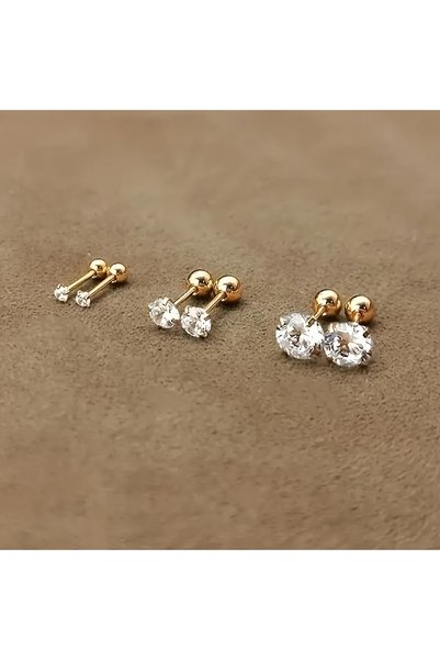 Choice 3 Pair Set 3-4-5mm 1 Pair or 3 Pairs Stainless Steel Golden Tiny CZ St...
