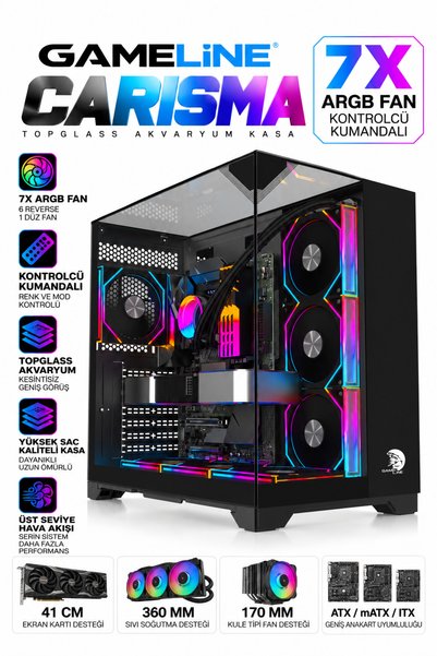 GAMELİNE CARISMA 7x ARGB Kumandalı Fan TOPGLASS USB 3.0 Gaming Bilgisayar Kas...