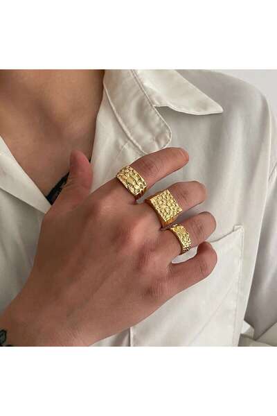 Choice Gold Color IngeSight.Z 3Pcs/Set Trendy Hip Hop Alloy Square Texture Te...