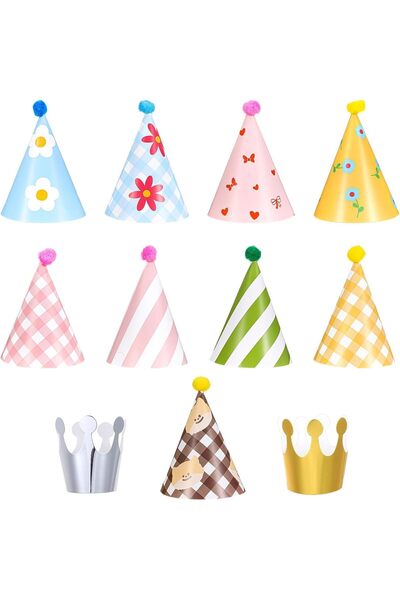 GENERAL 11PCS Birthday Party Hats, Cake Cone Hats Set with 2 Paper Crowns & 9...