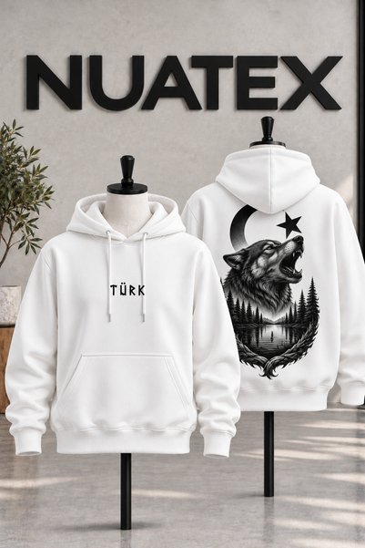 NUATEX سويت شيرت بطبعة وولف للجنسين، 3 خيوط، بقصة عادية، بجيب الكنغر، مع غطاء...
