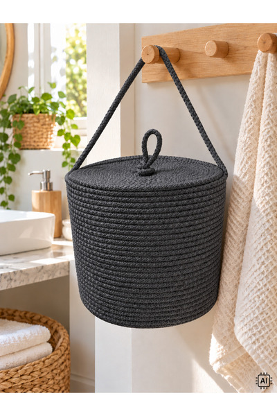 ÖRGÜM 25X20 cm Wicker Look Drawstring Basket with Lid and Hanger Multi-Purpos...