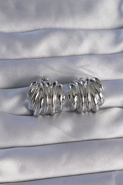 Bezos Brass Silver Color Serrated Curved Model Earrings