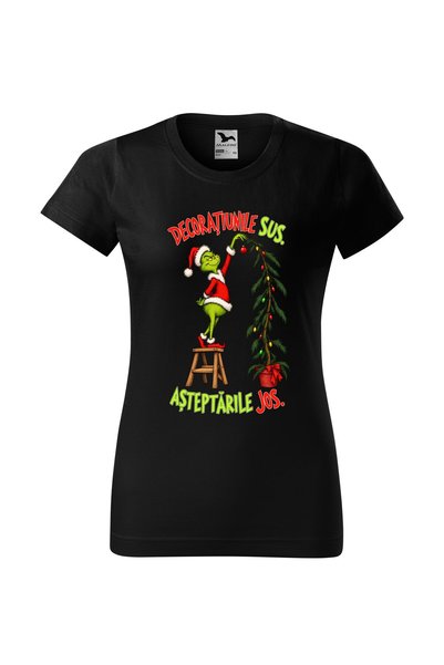 Malfini Tricou personalizat "Grinch - Decoratiunile sus", Negru, Dama, Bumbac...