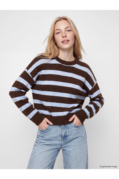 LC Waikiki Nevavm Farkıyla Xside Brown Striped Oversize Women's Knitwear Sweater