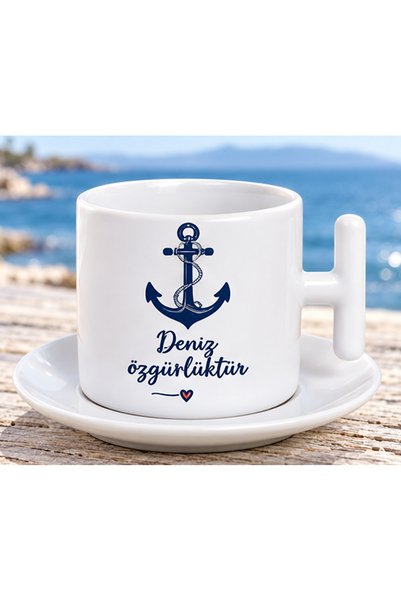 KADOREX DESIGN Sea Is Freedom Written Sea-Themed Coffee Cup with Anchor Figure