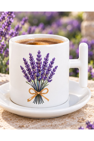 KADOREX DESIGN Purple Lavender Bouquet and Ribbon Patterned Coffee Cup