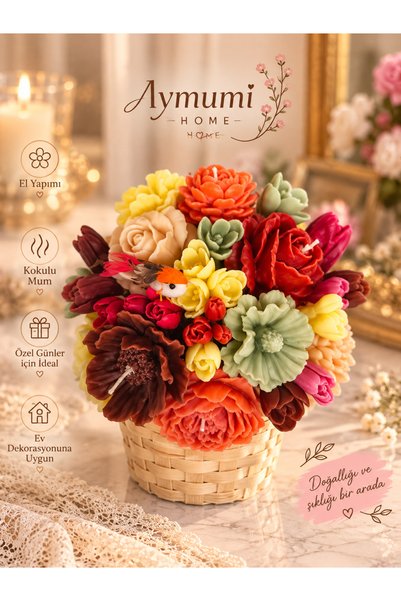 aymumi home El Yapımı Kokulu Mum Çiçek Sepeti – Renkli Dekoratif Çiçek Aranjm...