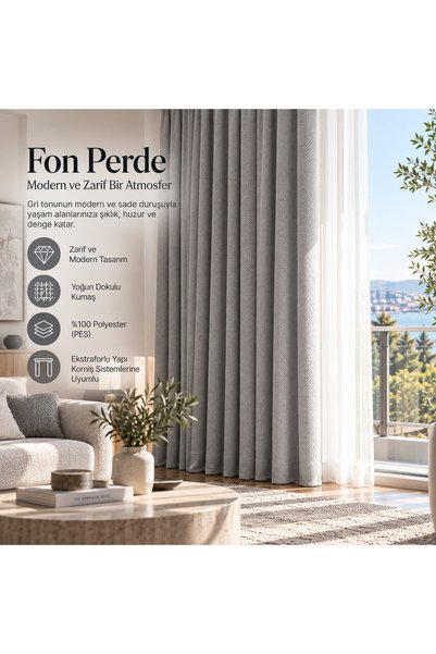 Dekoratif Fon Perde, Modern Yoğun Dokulu Kumaş, Kornişe Uygun, Ekstraforlu, Tek Kanat - Gri - 350x270