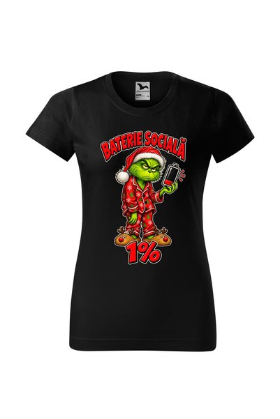 Malfini Tricou personalizat "Grinch - Baterie sociala", Negru, Dama, Bumbac 1...