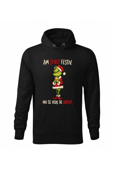 Malfini Hanorac personalizat "Grinch - Am spirit festiv", Negru, Barbat, Unisex