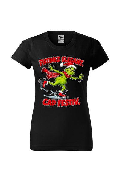 Malfini Tricou personalizat "Grinch - Patinez elegant", Negru, Dama, Bumbac 1...