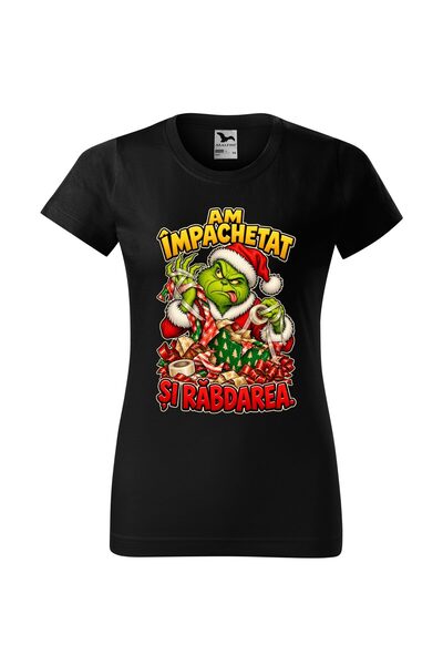 Malfini Tricou personalizat "Grinch - Impachetat", Negru, Dama, Bumbac 100%,