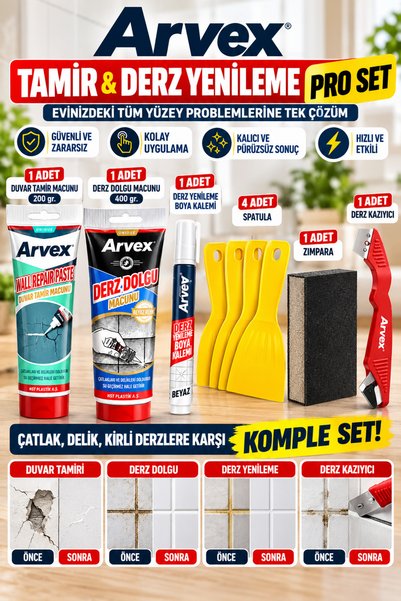 ARVEX Duvar Tamir ve Derz Yenileme Seti – 1 Duvar Tamir Macunu 200 gr + 1 Der...