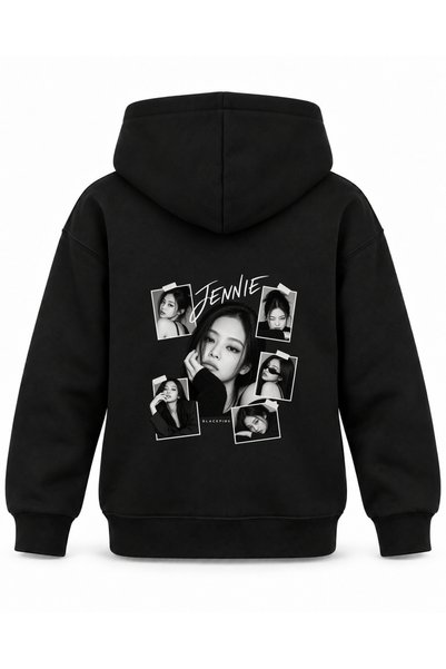 SVART WEAR هودي أسود للأطفال مطبوع عليه مذكرات التصوير لجيني من BLACKPINK