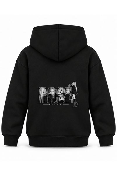 SVART WEAR هودي أسود للأطفال مطبوع عليه حرف P من BLACKPINK ROSÉ