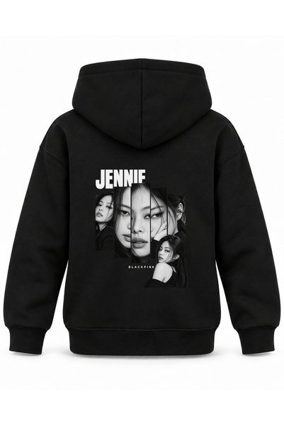 SVART WEAR هودي أسود للأطفال مطبوع عليه BLACKPINK JENNIE Kesik Sütunlar