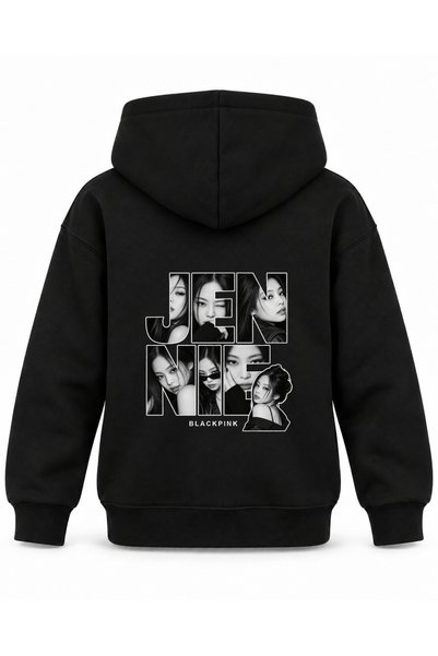 SVART WEAR هودي أسود للأطفال مطبوع عليه صورة تيبيوغرافية لجيني من BLACKPINK