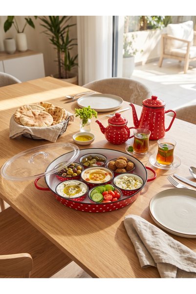 Generic طقم صينية إفطار+ زبديات+إبريق شاي وبكرج- بتصميم فاخر للضيافة الأنيقة ...
