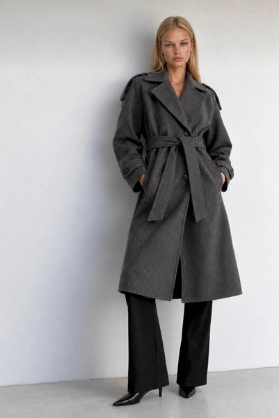 Atelier CONTEMPO Kadın Kemerli Uzun Kaşe Oversize Kaban