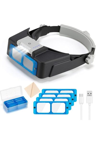 AZONEE Rechargeable Headband Magnifier with LED Light, 4 Replaceable Lenses 1...