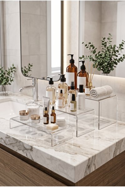 Multi Reklam 3'lü Premium Şeffaf Akrilik Banyo Düzenleyici Seti - Kozmetik, P...