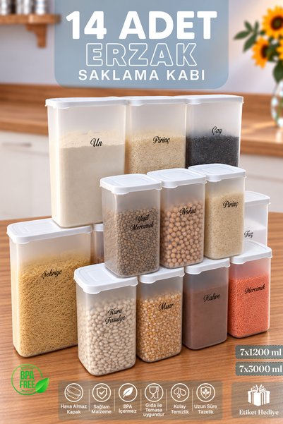 naturelove 14'lü Etiketli Erzak Bakliyat Saklama Kabı - Kare Baharatlık Hava ...