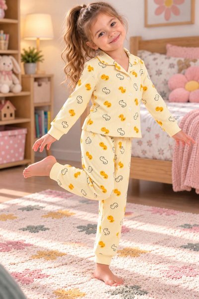 SERPİL Kız Çocuk Sarı Ördek Desenli Gömlek Yakalı Düğmeli Uzun Kollu Pijama Takımı Alt Üst Takım