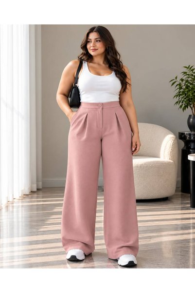 MODA İLEMA Women's Plus Size High Waist Single Pleated Palazzo Pants with Poc...