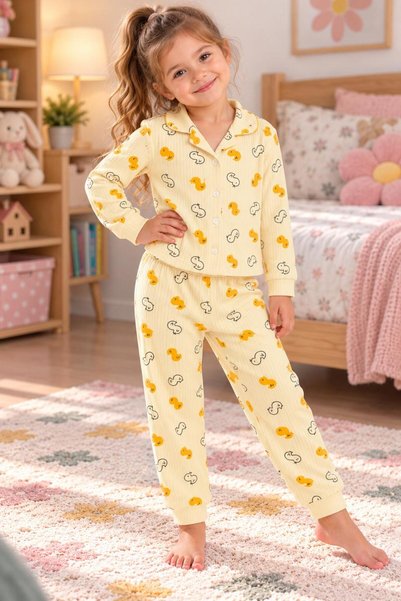 SERPİL Girl's Yellow Duck Patterned Shirt Collar Buttoned Long Sleeve Pajama ...