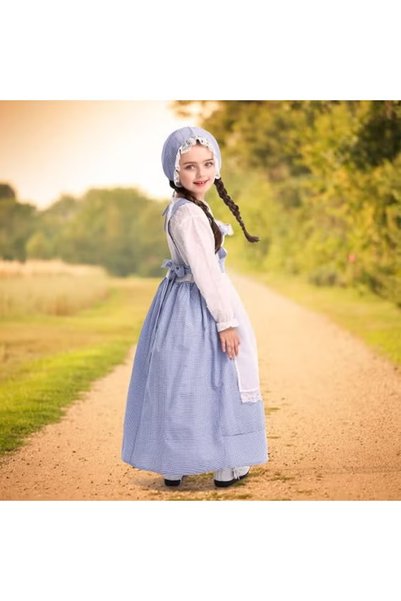 TAPIT Pioneer Colonial Prairie Blue Gingham Dress Costume Clothing with Apron...