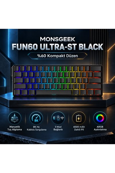 AKKO MONSGEEK FUN60 Ultra Shine-Through Black Hall Effect Manyetik Switch 8K Hz ARGB Kablosuz Hotswap Gaming Klavye