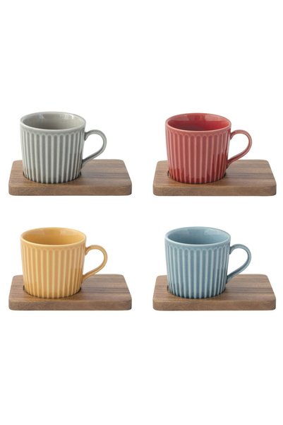EasyLife 4-piece porcelain cup set, with wooden saucers, 110ml, "Take a Break...