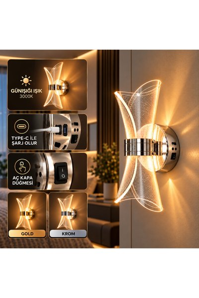 DOLUNAY AVİZE Şarjlı Dekoratif Duvar Apliği Gold Krom Renk Seçenekli Günışığı...