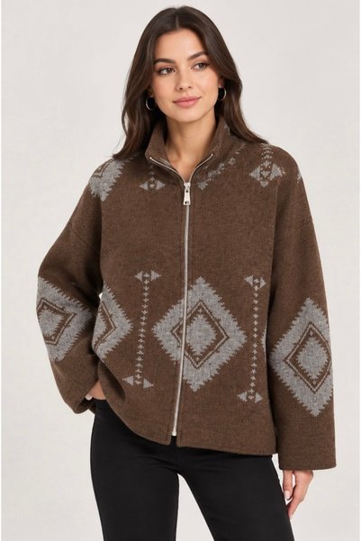 SheLoria Women's Brown Geometric Patterned Zippered Cashmere Cardigan with St...