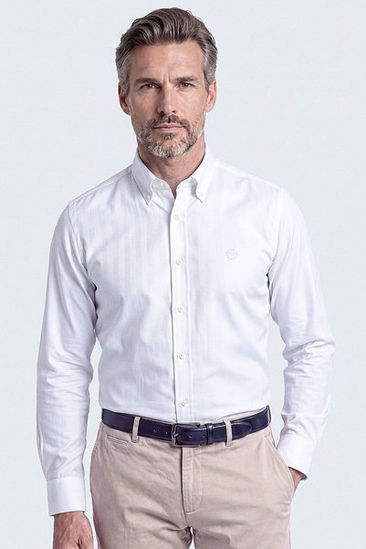 Bisse White Button-Down Collar Embroidered Logo Men's Shirt