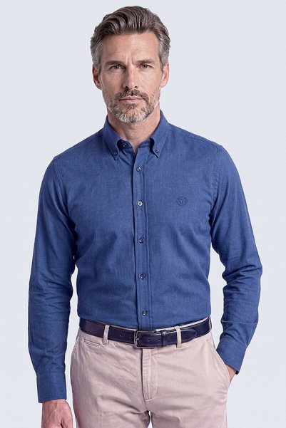 Bisse Navy Blue Buttoned Collar Embroidered Logo Men's Shirt
