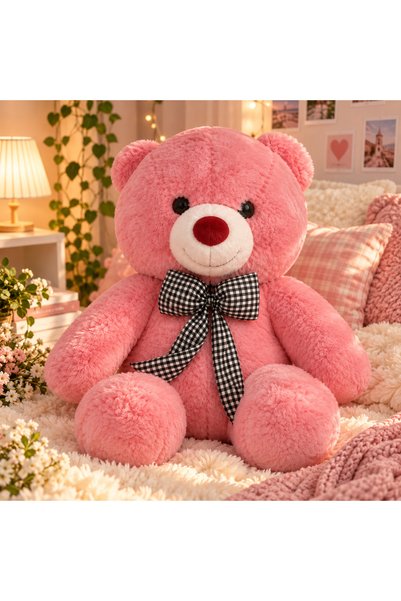 Genel Markalar 65 cm Büyük Boy Pembe Peluş Ayıcık – Ekose Fiyonklu Sevimli Oy...