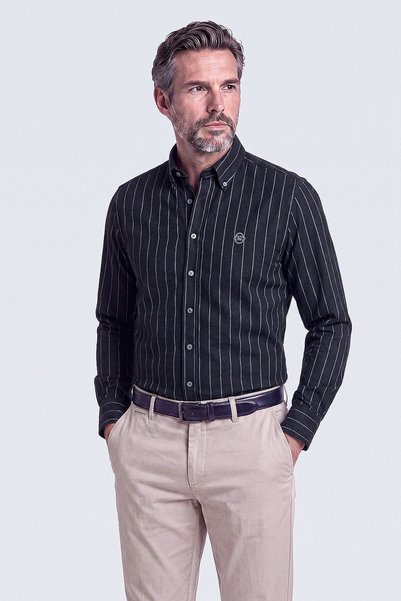 Bisse Black Pinstripe Button-Down Collar Long Sleeve Men's Shirt