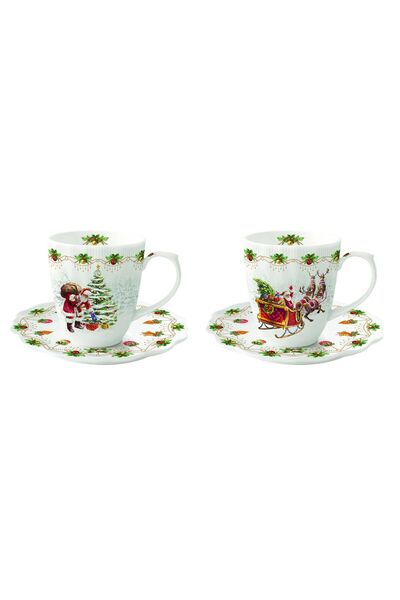 EasyLife Set of 2 teacups with saucers, porcelain, 110 ml, "Nostalgic Christm...