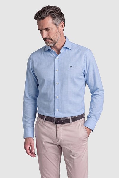 Bisse Light Blue Herringbone Patterned Long Sleeve Classic Shirt