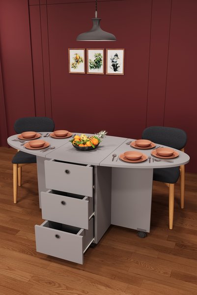 asratrend Lüks Katlanır Mutfak Yemek Masası %100 MDF Pratik Çekmeceli Çalışma...