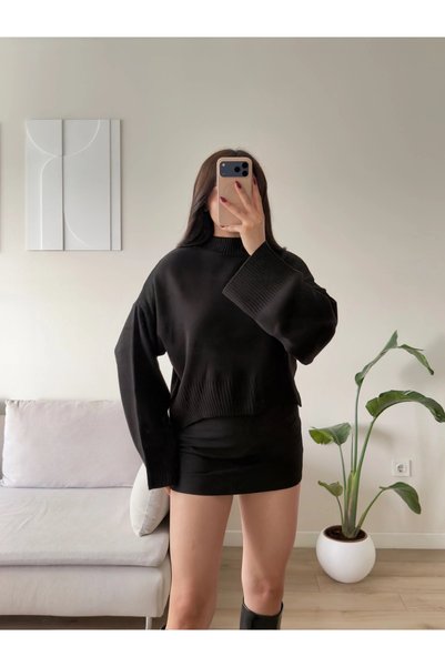 Zoom Butik Dik Yaka Oversize Triko Kazak - SİYAH